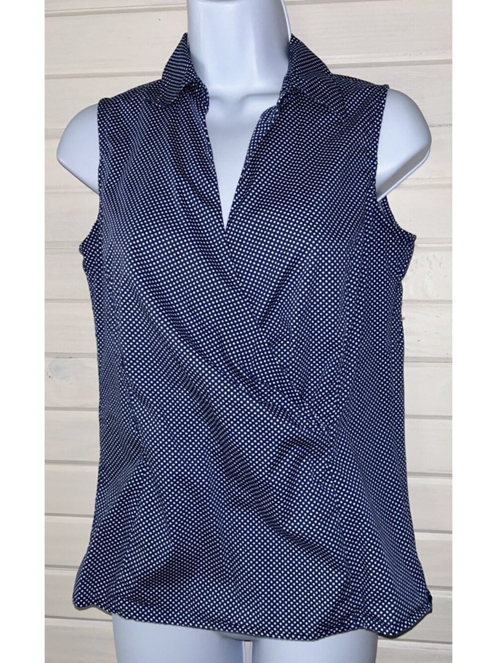 Talbots Top Sz 2 Navy Blue Micro Dot Cotton Stretch Tank Blouse Side Zip EUC